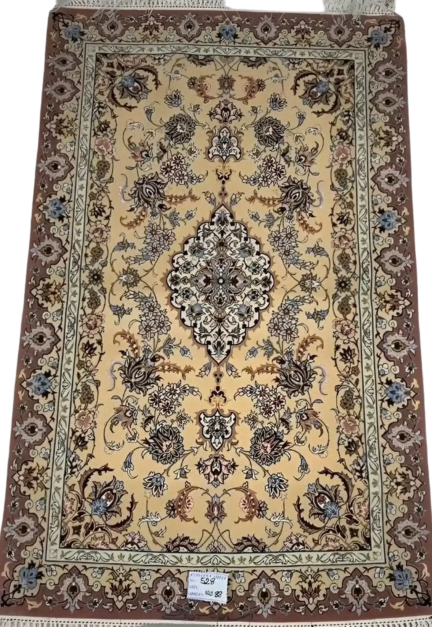 "Hand-knotted Isfahan Persian rug – 140x88 cm, crafted with wool and silk, featuring 810,000 knots per square meter, offering intricate patterns and timeless elegance to any home decor."